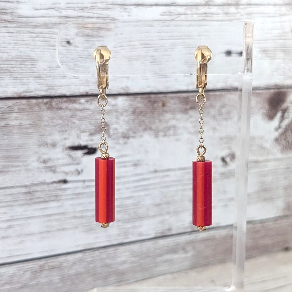 Vintage Clip On Earrings Very Long Red & Gold Tone Dangle